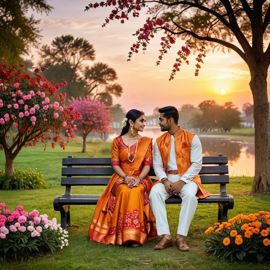 A serene landscape depicting a couple sitting on a park bench surrounded by blooming flowers, with a sunset in the background symbolizing warmth and hope. They are engaged in a heartfelt conversation, showcasing diverse Indian fashion styles. Subtle elements like traditional motifs and symbols of love are integrated into the scenery. The overall mood should convey emotional resilience and connection. super-realistic. vibrant colors. soft lighting.