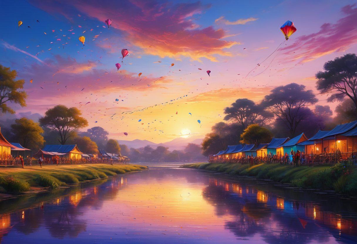A vibrant landscape depicting a spectrum of emotions, showing a traditional Indian scene with joyful celebrations on one side and a serene, reflective atmosphere on the other. Incorporate colors that transition from bright, warm tones of happiness to cooler, calmer shades of sadness. Include elements like colorful kites flying in the sky, a group of people dancing, and a tranquil river reflecting the sunset. The overall composition should evoke a sense of balance between joy and sorrow. super-realistic. vibrant colors. 3D.
