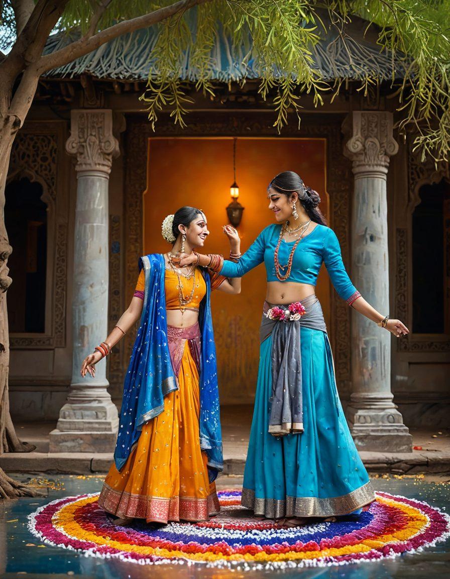 A vibrant split scene depicting Indian cultural symbols, one side filled with shades of blue and gray representing sadness, featuring a weeping willow tree, traditional Indian attire in muted tones, and rain droplets. The other side bursts with warm colors symbolizing joy, showcasing colorful Rangoli patterns, people dancing with enthusiasm, and a sunlit temple in the background. super-realistic. vibrant colors. intricate details.